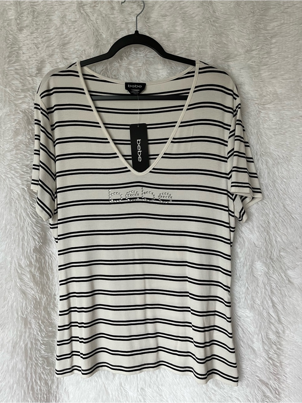 bebe Black & White Striped V-Neck Tee with Embellished Logo